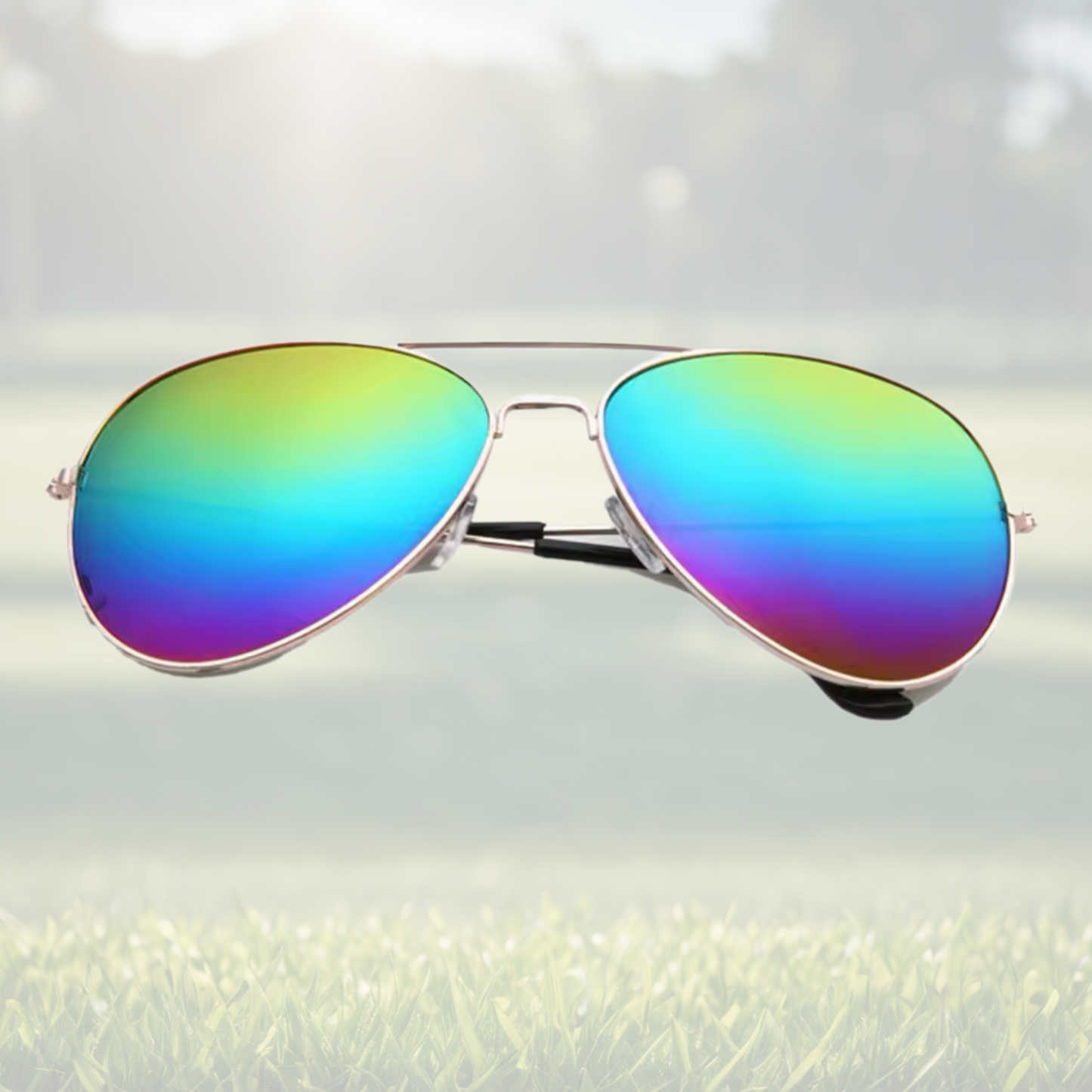 A pair of Sportiq Altitude Spectrum performance sunglasses with reflective multicoloured lenses and steel frame, UV400, polycarbonate frame with polycarbonate lens, displayed on a grass background.