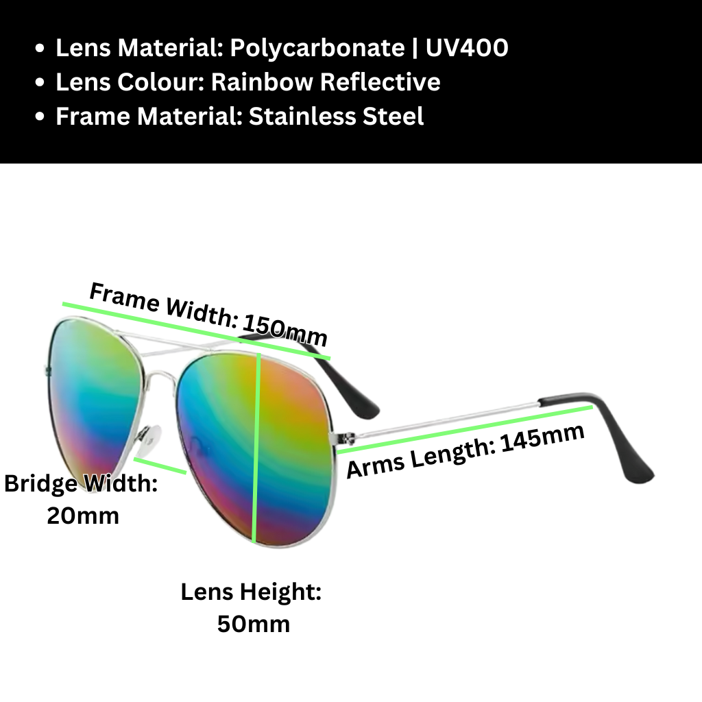 A pair of Sportiq Altitude Spectrum performance sunglasses with reflective multicoloured lenses and steel frame, UV400, polycarbonate frame with polycarbonate lens, displayed on a grass background.