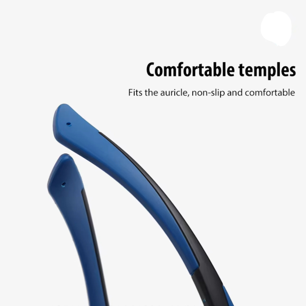 A pair of Sportiq ClarityX sport sunglasses showcasing the non-slip arms, polarized UV400, polycarbonate frame with TAC lens, displayed on a grass background.