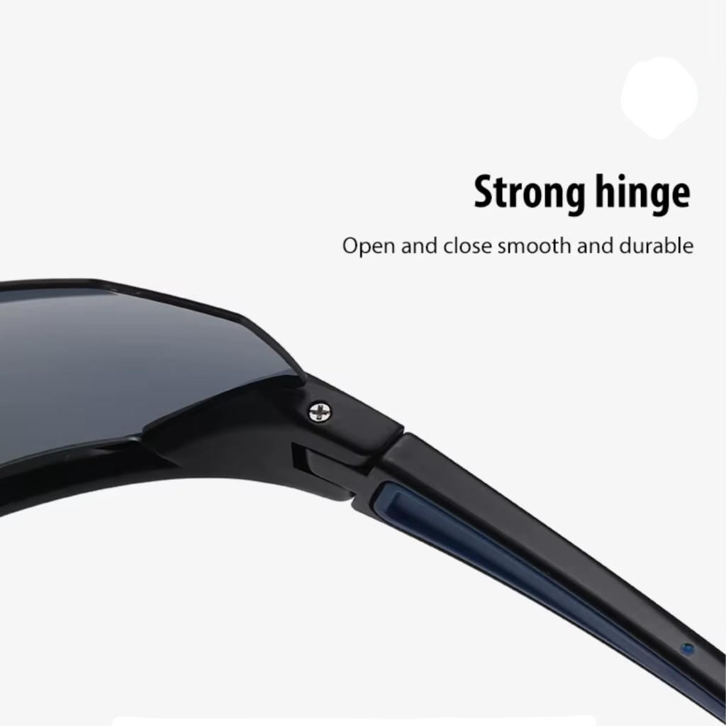 A pair of Sportiq ClarityX professional sport sunglasses showcasing hinge and black frame, polarized UV400, polycarbonate frame with TAC lens, displayed on a white background.