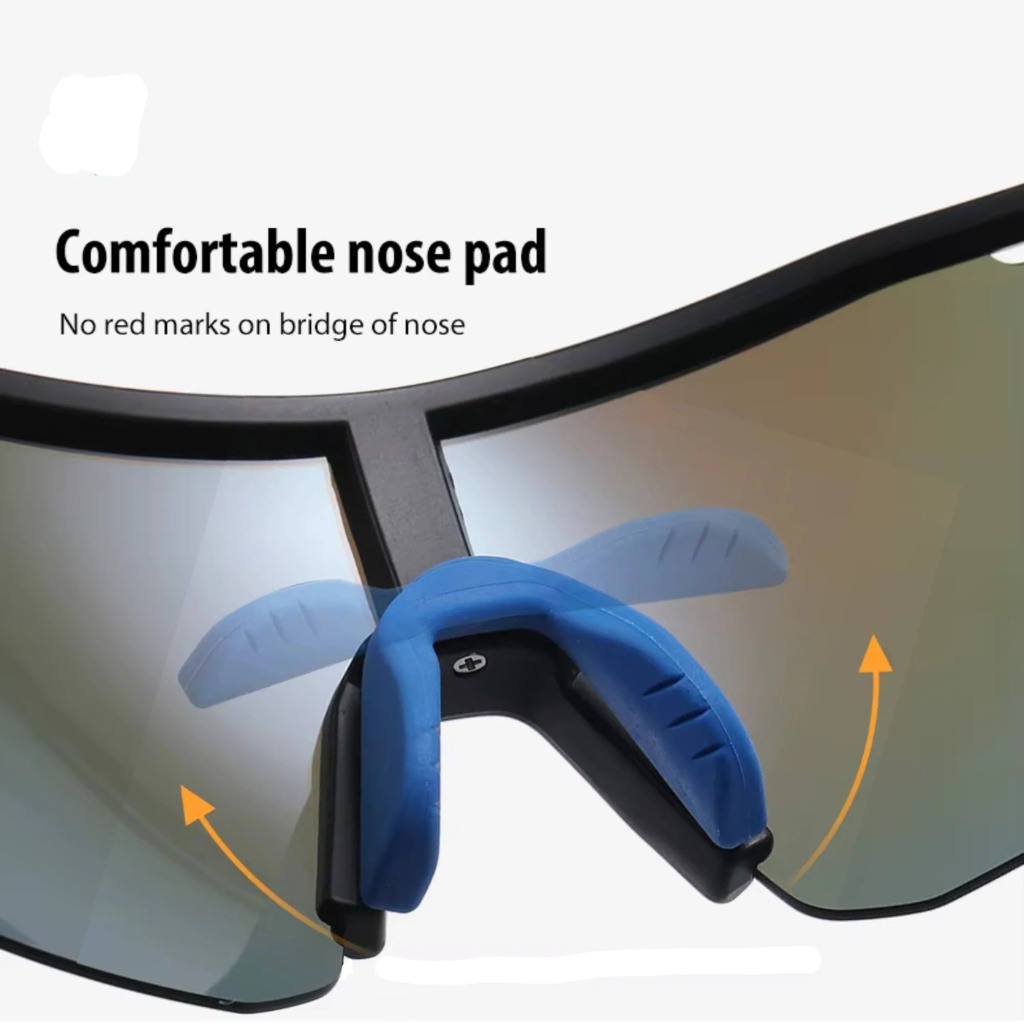 A pair of Sportiq ClarityX sport sunglasses showcasing the comfortable nose pad and wind flow, polarized UV400, polycarbonate frame with TAC lens, displayed on a grass background.