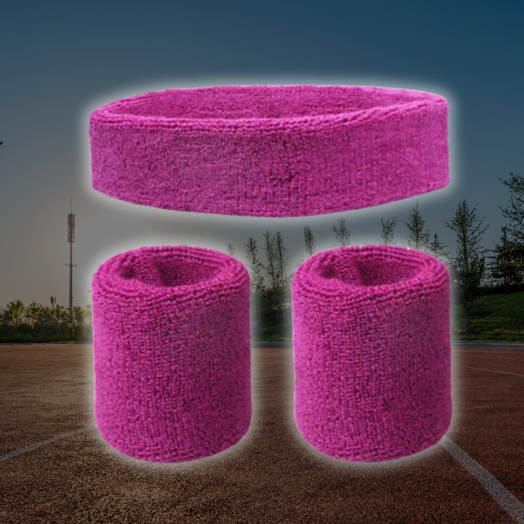 A Sportiq DripFlex Headband Set in Berry Purple, made from a polyester cotton blend with medium to high level elasticity and machine washable (cold), displayed on a grass background.