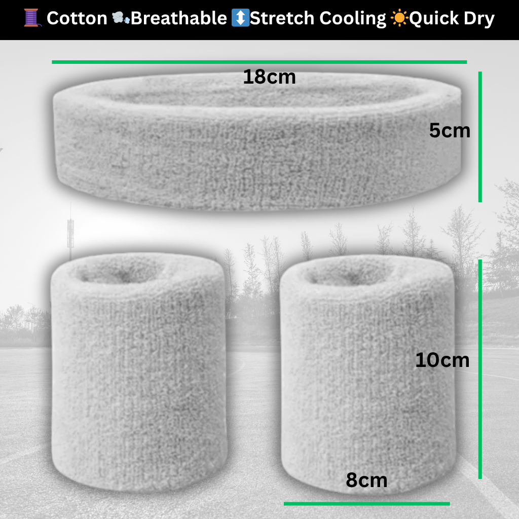 A Sportiq DripFlex Headband Set dimensions image, made from a polyester cotton blend with medium to high level elasticity and machine washable (cold), displayed on a grass background.