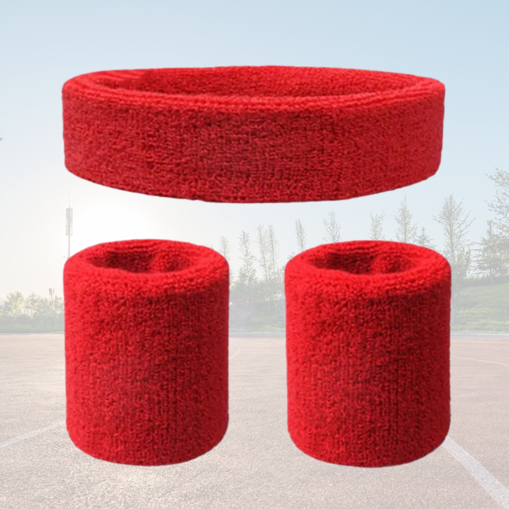 A Sportiq DripFlex Headband Set in Flame Red, made from a polyester cotton blend with medium to high level elasticity and machine washable (cold), displayed on a grass background.