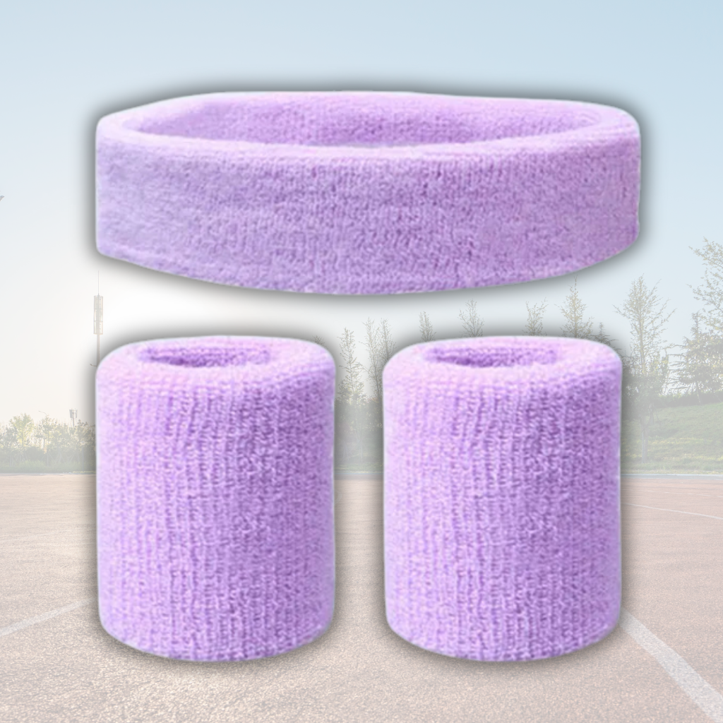 A Sportiq DripFlex Headband Set in Lavendrip Light Purple, made from a polyester cotton blend with medium to high level elasticity and machine washable (cold), displayed on a grass background.
