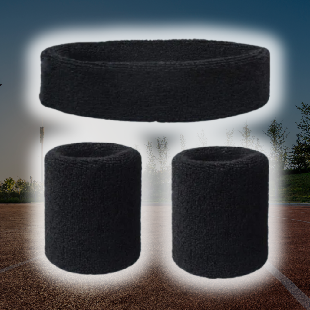 A Sportiq DripFlex Headband Set in Onyx Black, made from a polyester cotton blend with medium to high level elasticity and machine washable (cold), displayed on a grass background.