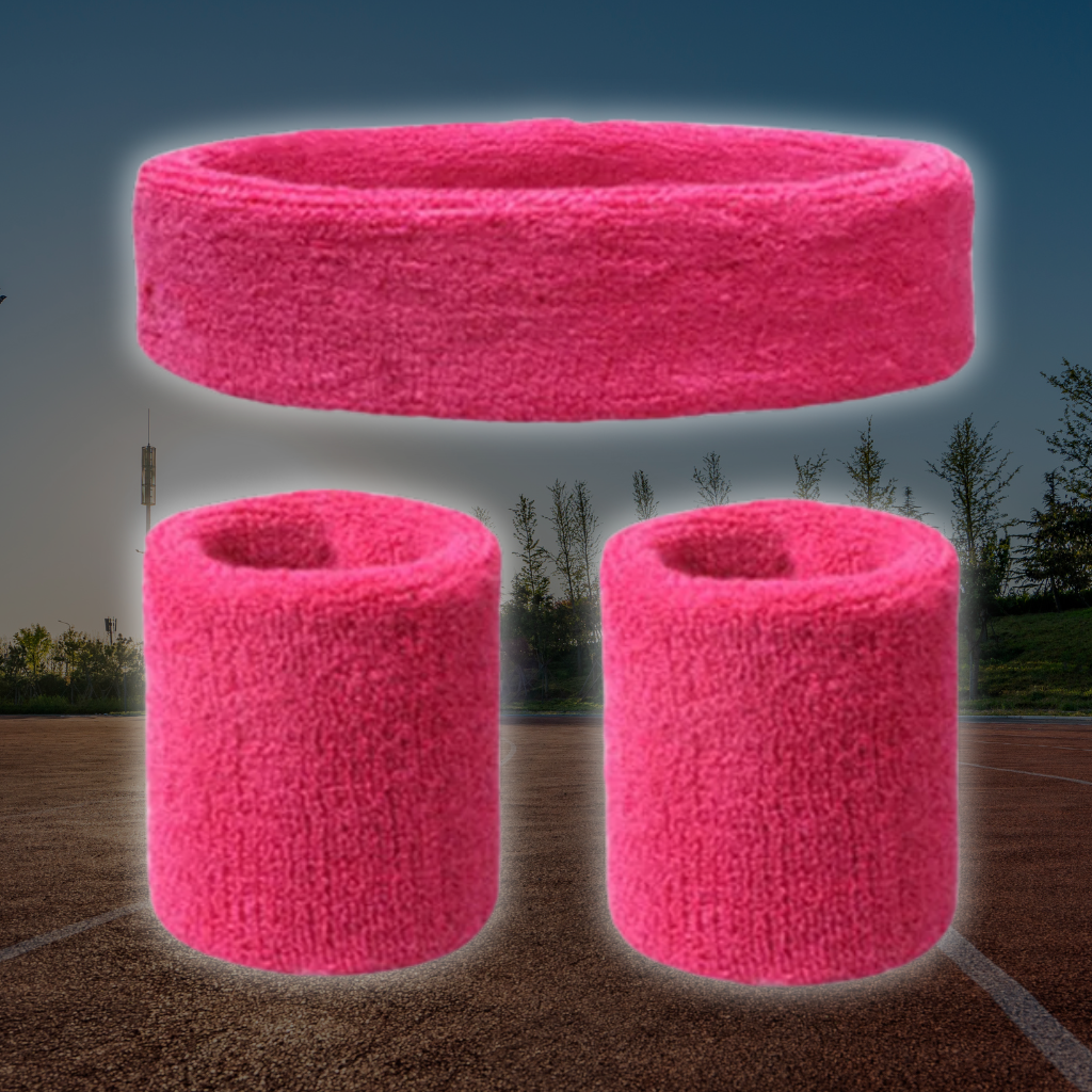 A Sportiq DripFlex Headband Set in Royal Rose Pink, made from a polyester cotton blend with medium to high level elasticity and machine washable (cold), displayed on a grass background.