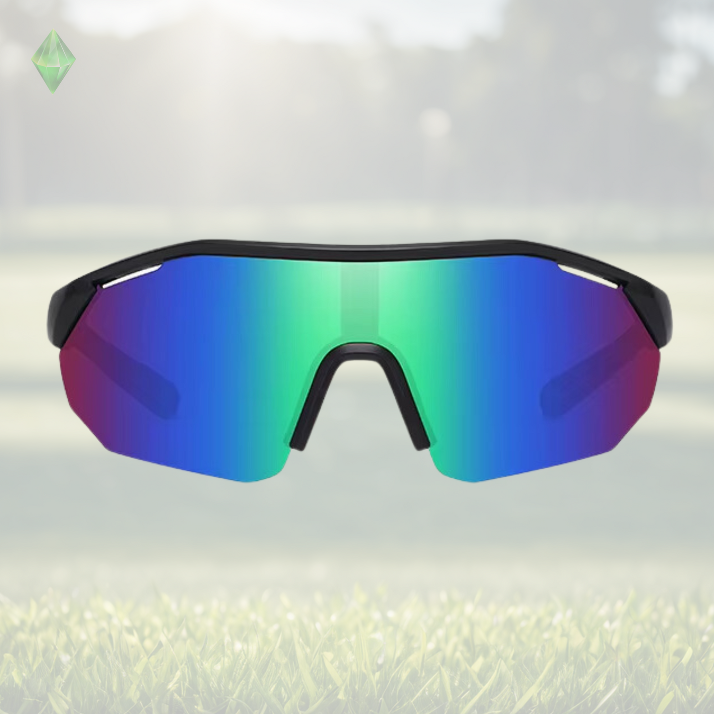 A pair of Sportiq ClarityX - Emerald professional sport sunglasses with green reflective lenses and black frame, polarized UV400, polycarbonate frame with TAC lens, displayed on a grass background.