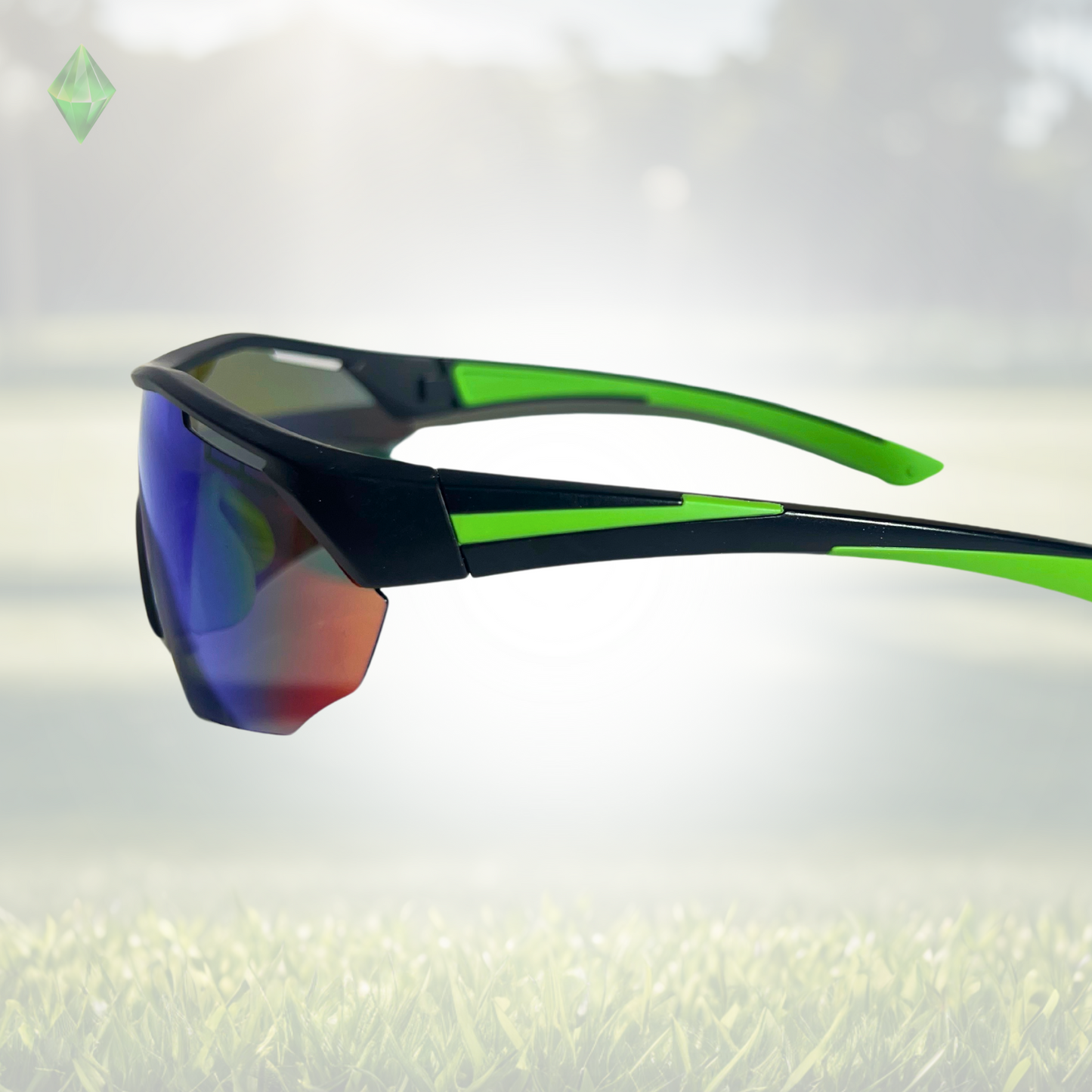 A pair of Sportiq ClarityX - Emerald professional sport sunglasses with green reflective lenses and black frame, polarized UV400, polycarbonate frame with TAC lens, displayed on a grass background.
