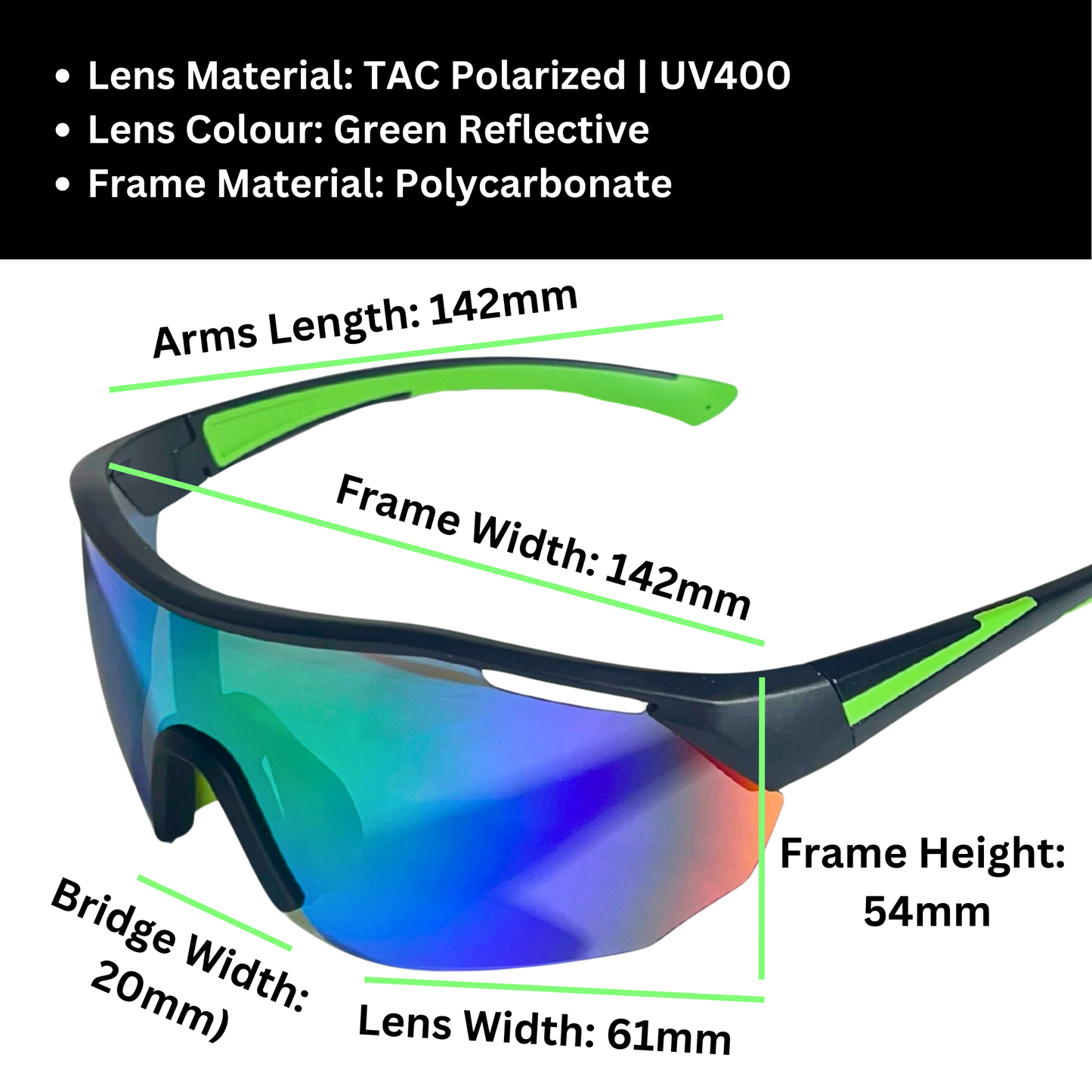 A pair of Sportiq ClarityX - Emerald professional sport sunglasses with green reflective lenses and black frame, polarized UV400, polycarbonate frame with TAC lens, displayed on a grass background.