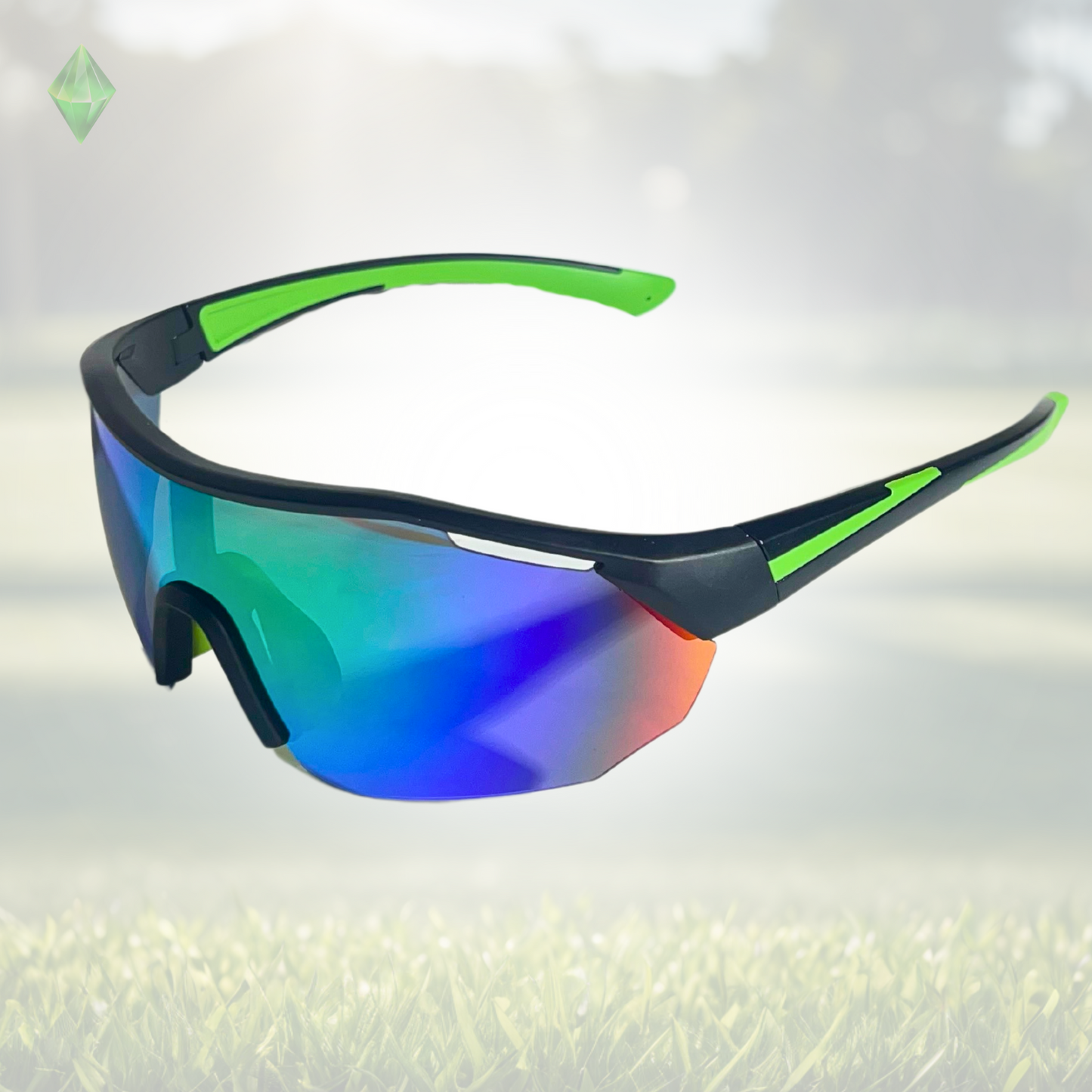 A pair of Sportiq ClarityX - Emerald professional sport sunglasses with green reflective lenses and black frame, polarized UV400, polycarbonate frame with TAC lens, displayed on a grass background.