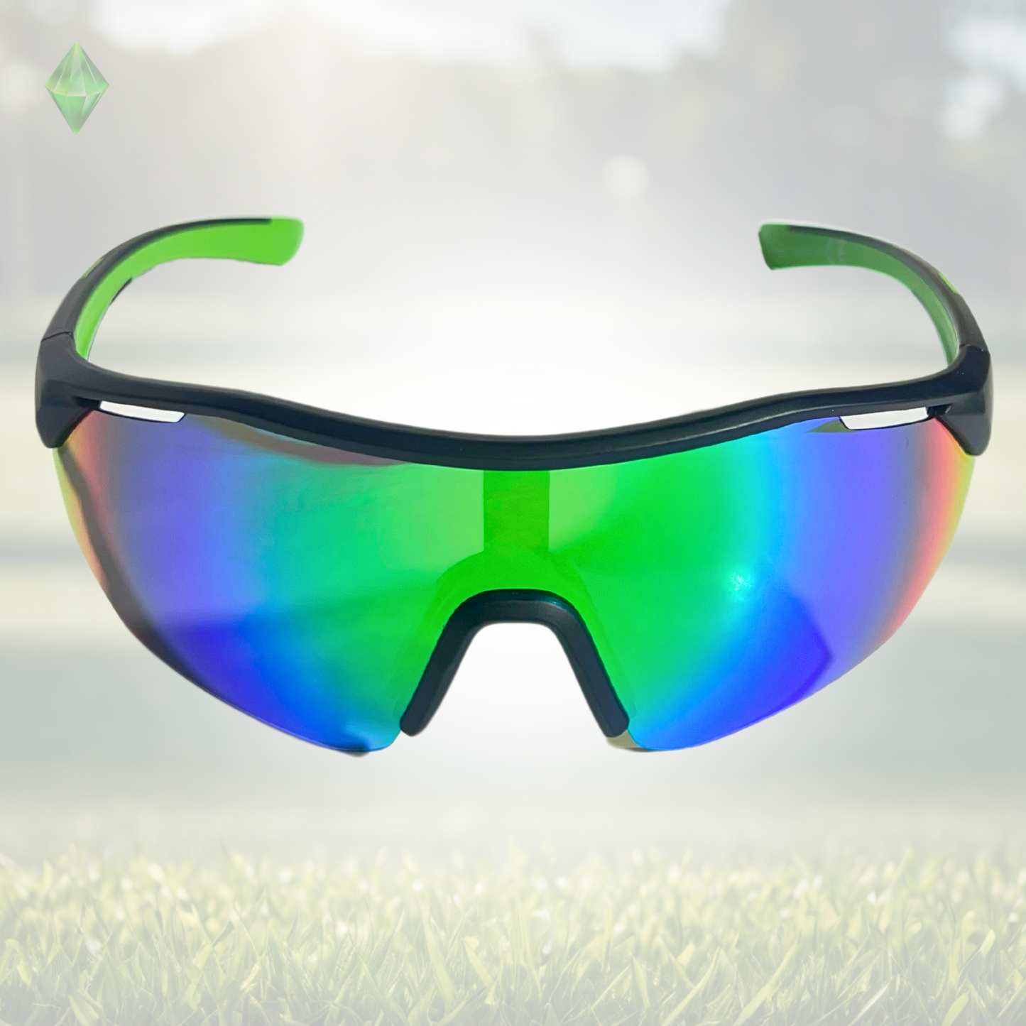 A pair of Sportiq ClarityX - Emerald professional sport sunglasses with green reflective lenses and black frame, polarized UV400, polycarbonate frame with TAC lens, displayed on a grass background.