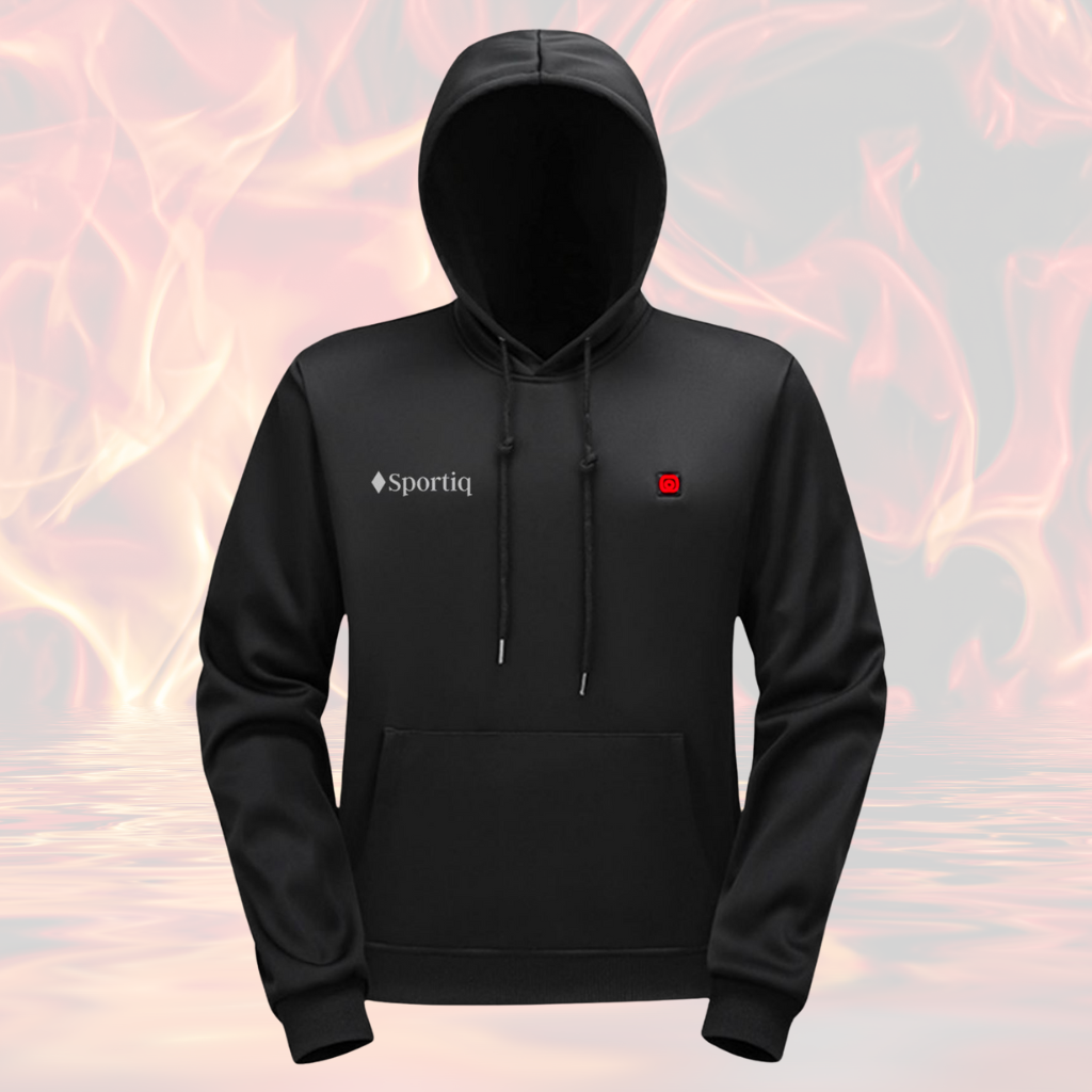 A Black Sportiq HeatCore Hoodie, weatherproof with insulation and electric heated carbon fibre panels. Displayed on a flames background to showcase the heating ability.