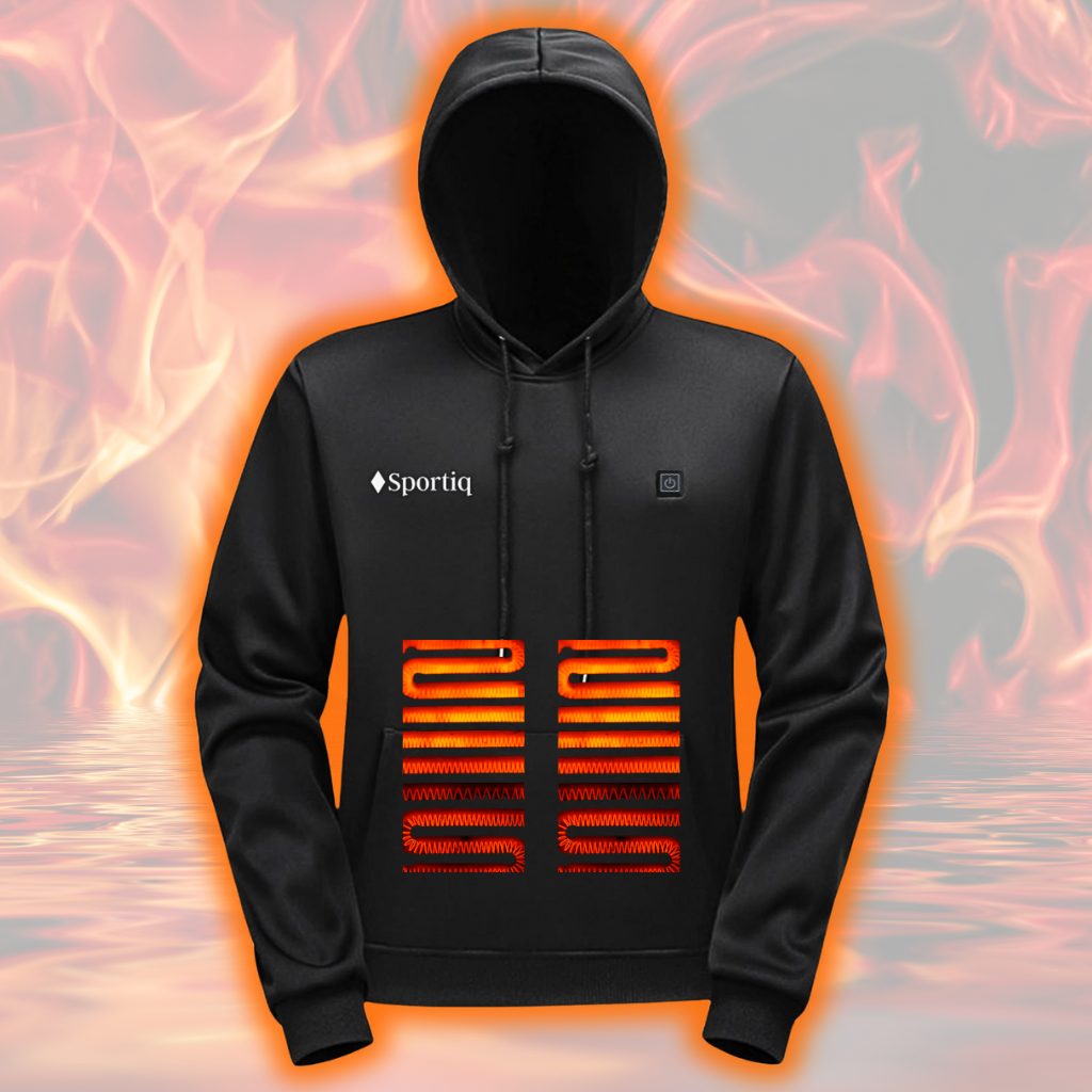 A Black Sportiq HeatCore Hoodie, weatherproof with insulation and electric heated carbon fibre panels. Displayed on a flames background to showcase the heating ability.