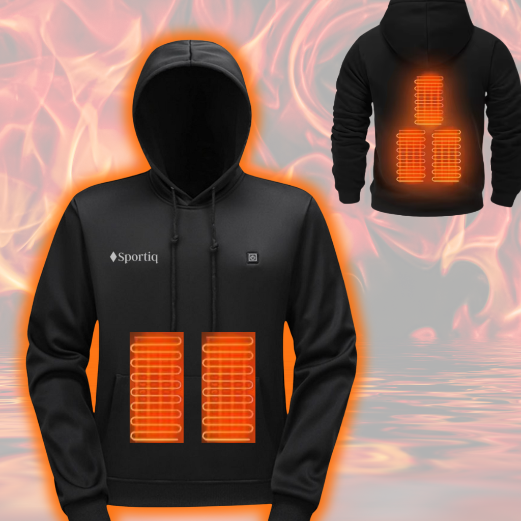 A Black Sportiq HeatCore Hoodie, weatherproof with insulation and electric heated carbon fibre panels. Displayed on a flames background to showcase the heating ability.