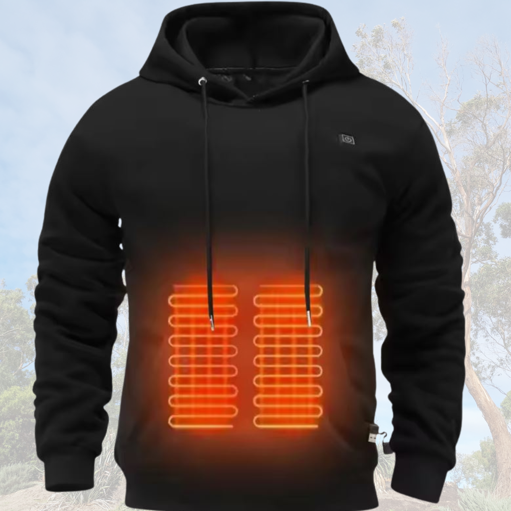 A Black Sportiq HeatCore Hoodie, weatherproof with insulation and electric heated carbon fibre panels. Displayed on an outdoor background.
