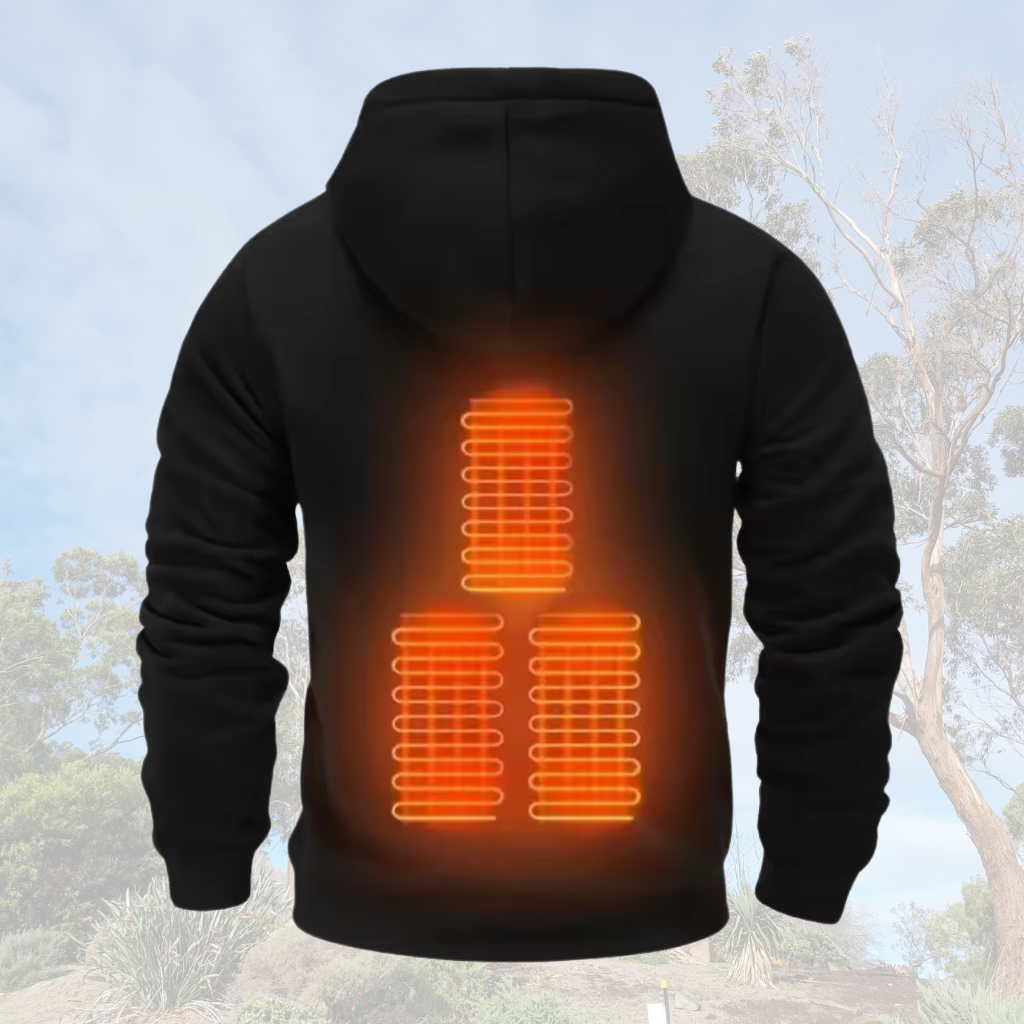 A Black Sportiq HeatCore Hoodie, weatherproof with insulation and electric heated carbon fibre panels. Displayed on an outdoor background.