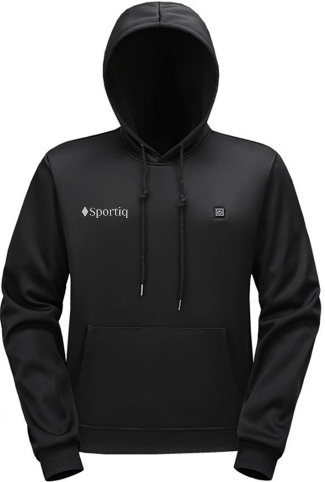 A Black Sportiq HeatCore Hoodie, weatherproof with insulation and electric heated carbon fibre panels. Displayed on an outdoor background.