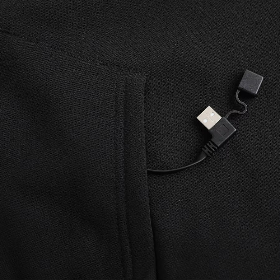 Showcase of the battery connector for a Black Sportiq HeatCore Hoodie, weatherproof with insulation and electric heated carbon fibre panels.