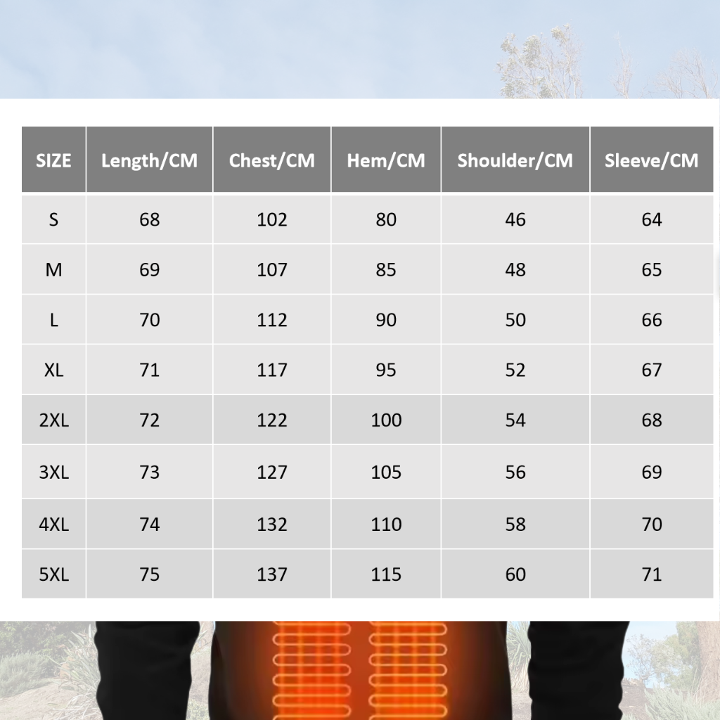 Sizing chart for a Black Sportiq HeatCore Hoodie, weatherproof with insulation and electric heated carbon fibre panels.