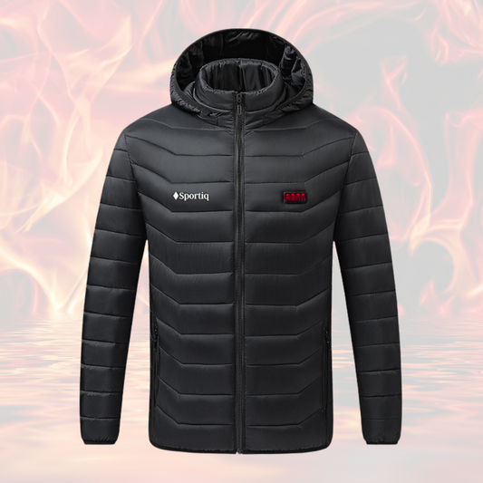 A Black Sportiq HeatCore Jacket, weatherproof with insulation and electric heated carbon fibre panels. Displayed on a flames background to showcase the heating ability.