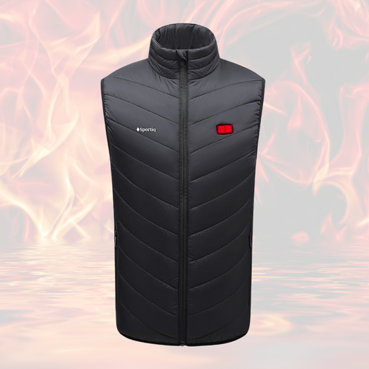 A Black Sportiq HeatCore Vest, puffer style and weatherproof, wind resistant with electric heated carbon fibre panels. Displayed on a flames background to showcase the heating ability
