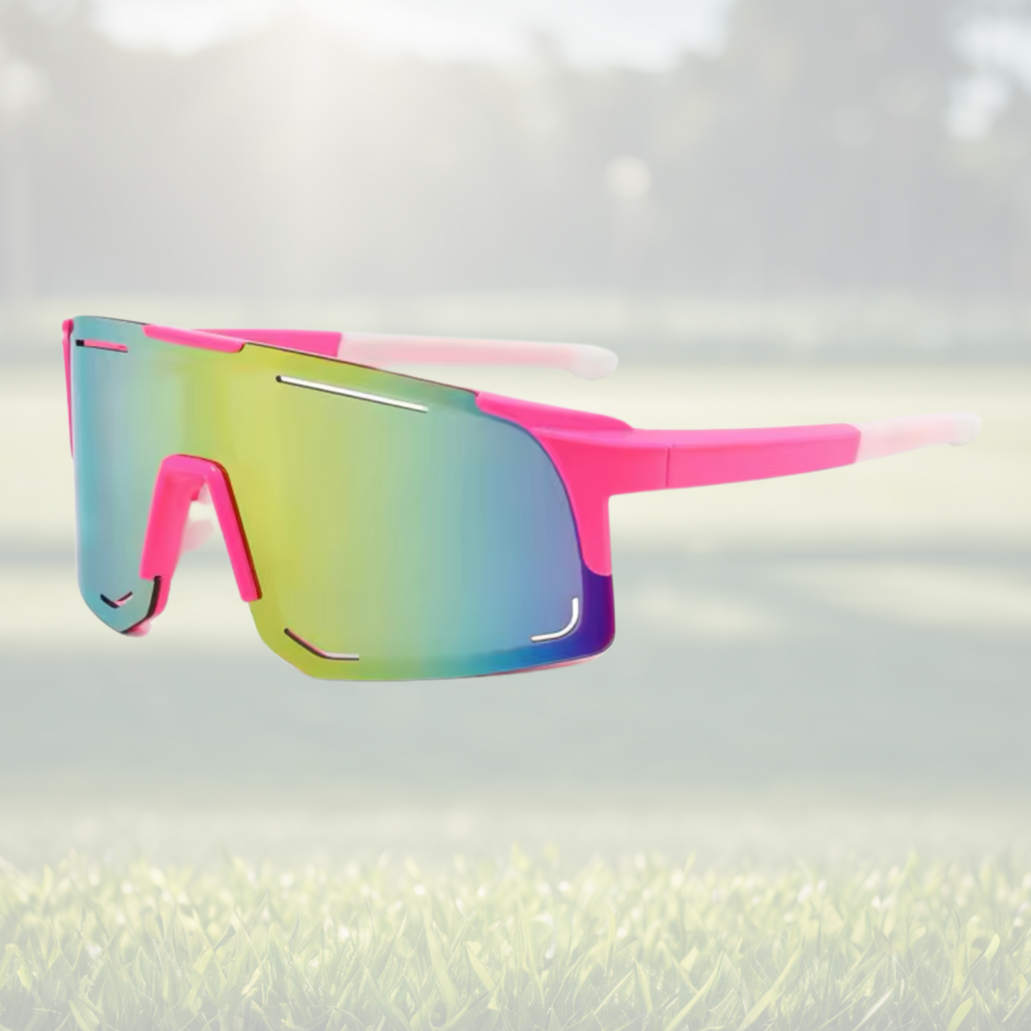 A pair of Sportiq Horizon Neon performance sunglasses with multicoloured reflective lenses and pink frame, UV400, polycarbonate frame with polycarbonate lens, displayed on a grass background.