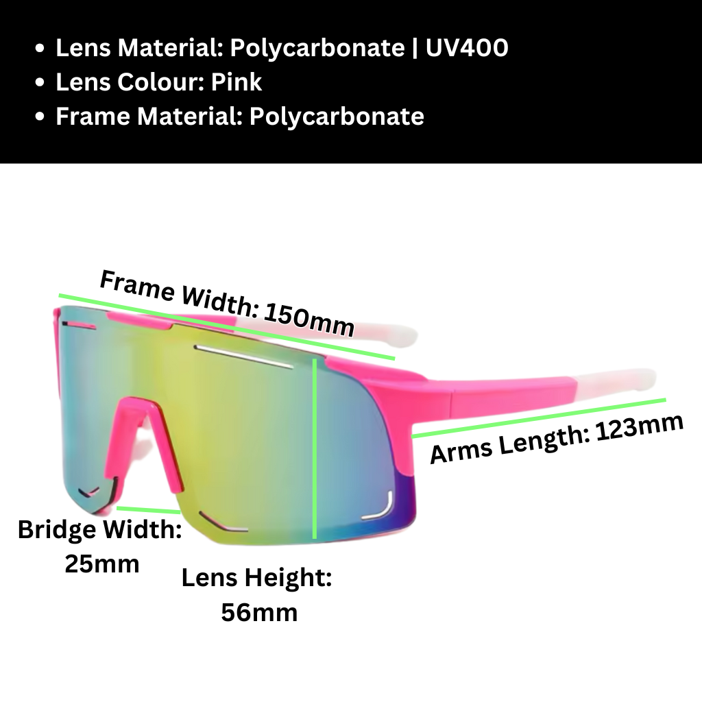 A pair of Sportiq Horizon Neon performance sunglasses with multicoloured reflective lenses and pink frame, UV400, polycarbonate frame with polycarbonate lens, displayed on a grass background.