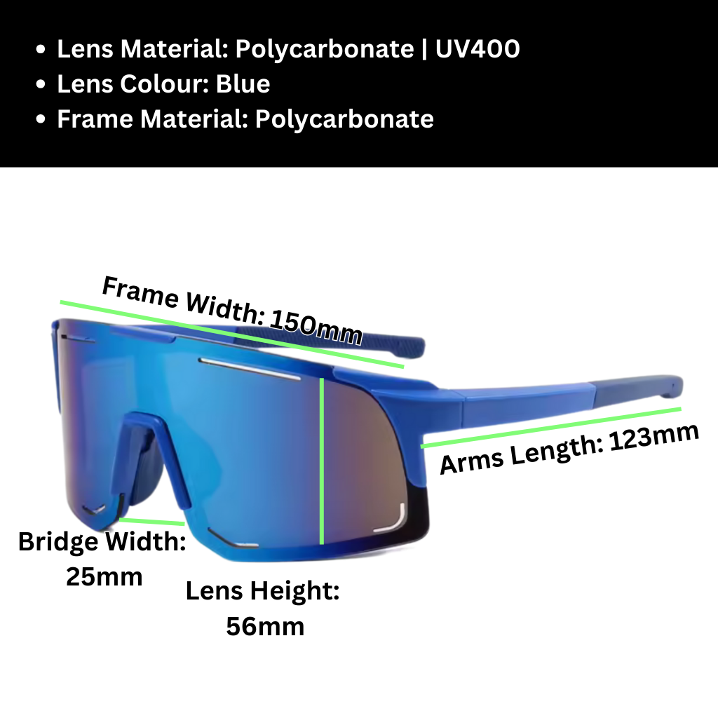 A pair of Sportiq Horizon Tidal performance sunglasses with blue reflective lenses and blue frame, UV400, polycarbonate frame with polycarbonate lens, displayed on a grass background.