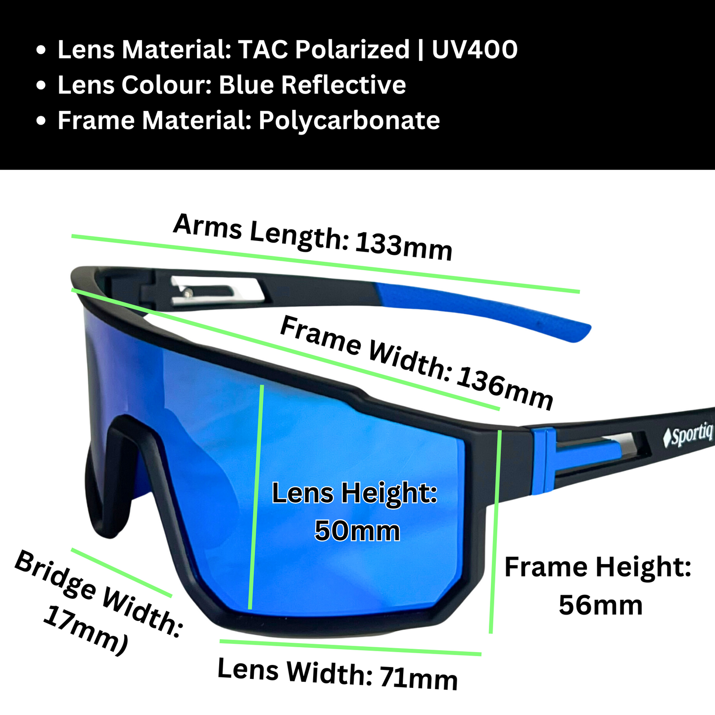 A pair of Sportiq VividShield sunglasses with blue reflective lenses and a black frame, polarized UV400, polycarbonate frame with TAC lens, displayed on a grass background.