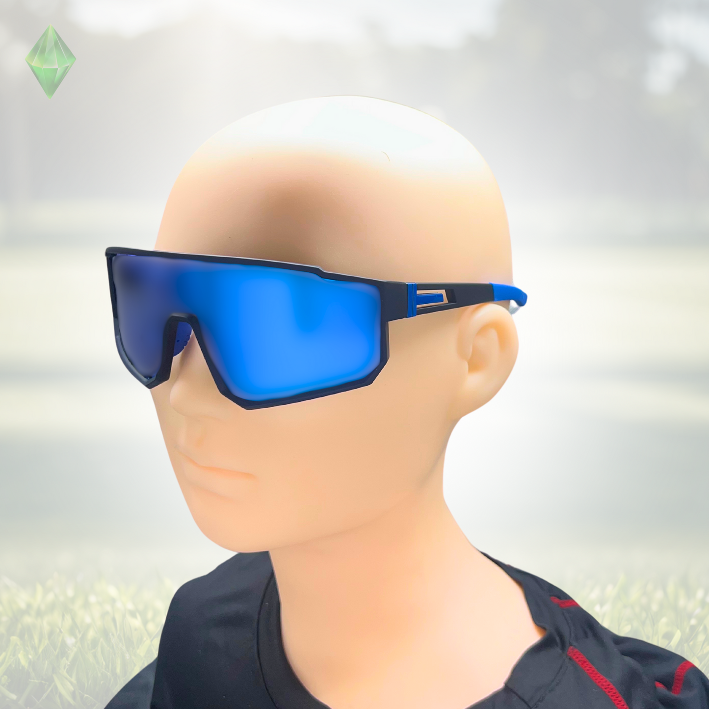 A pair of Sportiq VividShield sunglasses with blue reflective lenses and a black frame, polarized UV400, polycarbonate frame with TAC lens, displayed on a grass background.