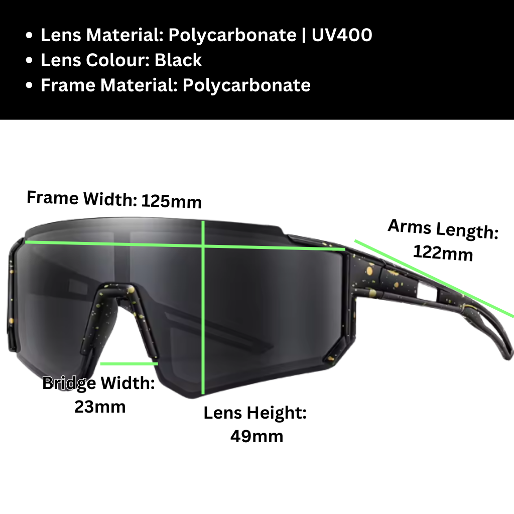 A pair of Sportiq JNR kids Jet Black sport sunglasses with black lenses and black frame, UV400, polycarbonate frame with polycarbonate lens, dimensions chart