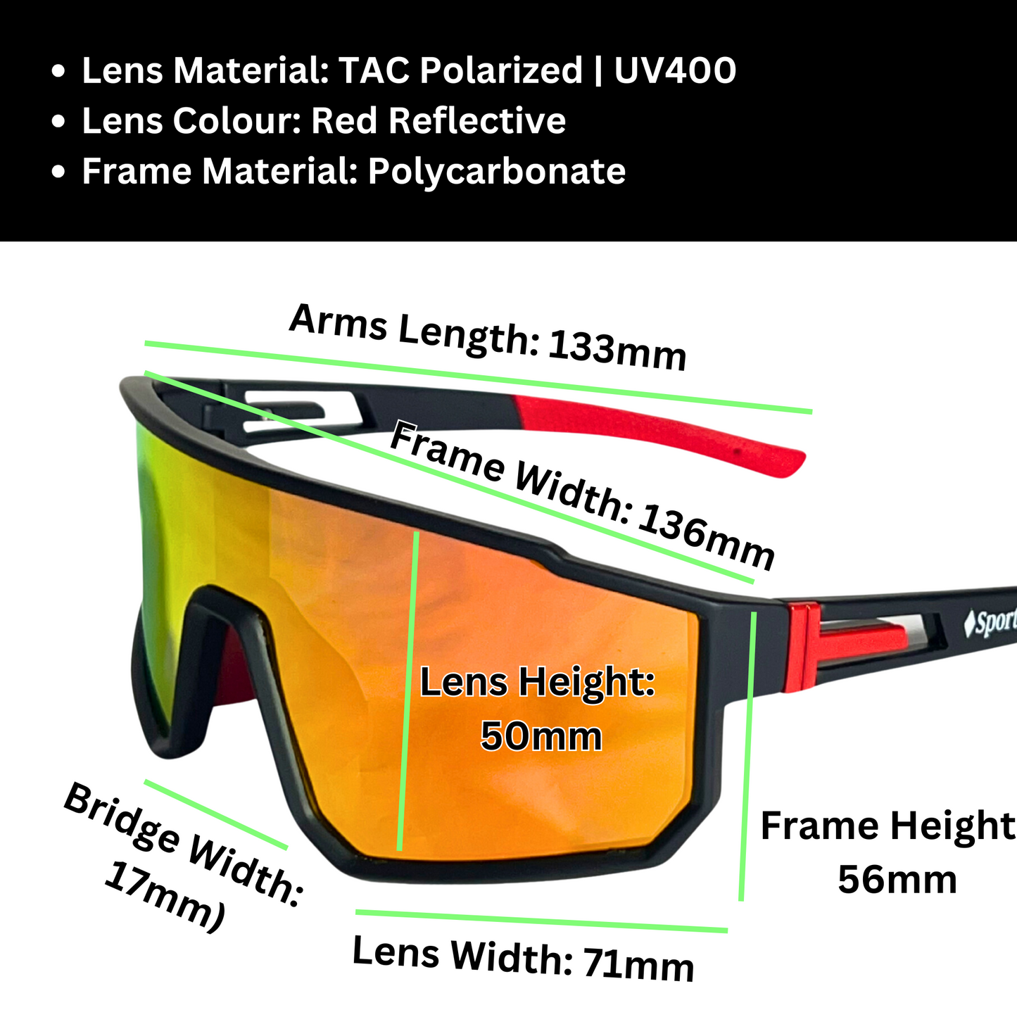 A pair of Sportiq VividShield sunglasses with black and red frame and red reflective lens, polarized UV400, polycarbonate frame with TAC lens, displayed on a grass background.