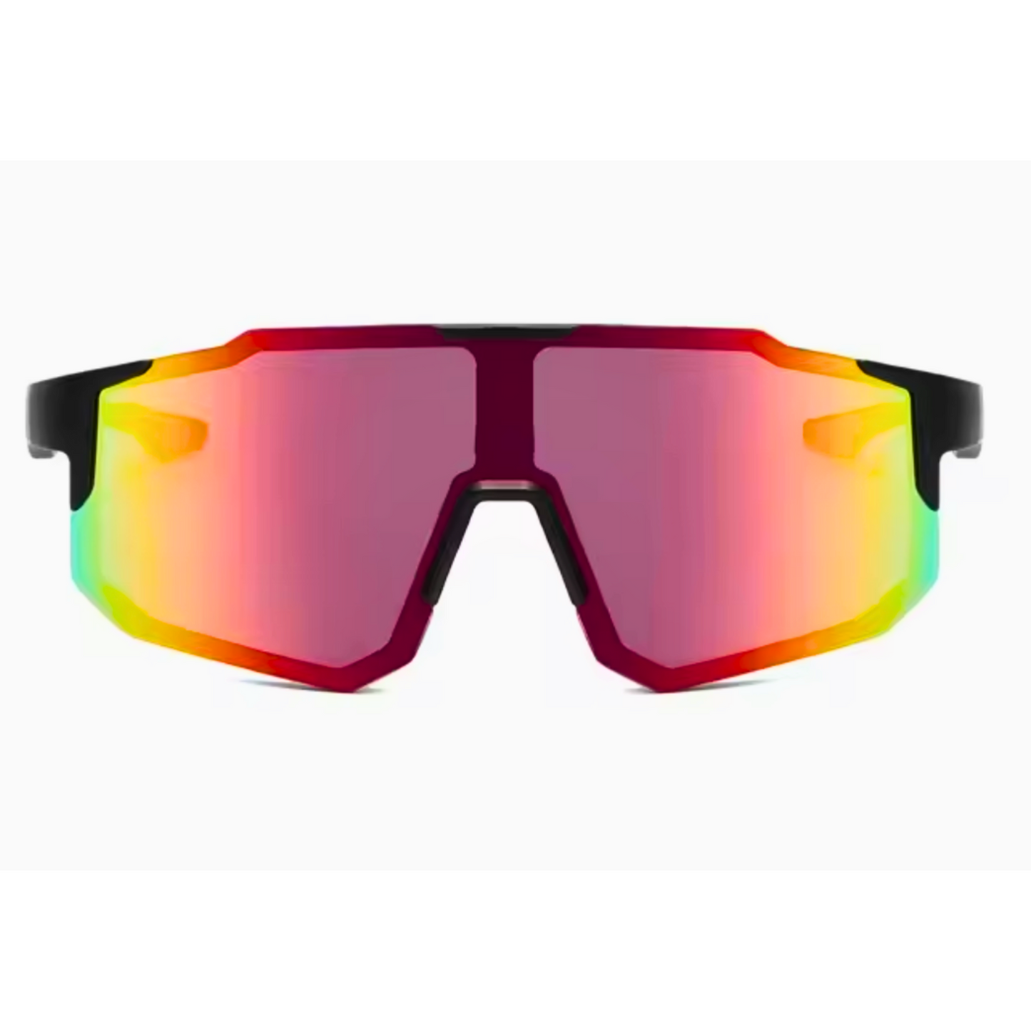A pair of Sportiq Nimbus Flare performance sunglasses with red reflective lenses and black frame, UV400, polycarbonate frame with polycarbonate lens, displayed on a grass background.