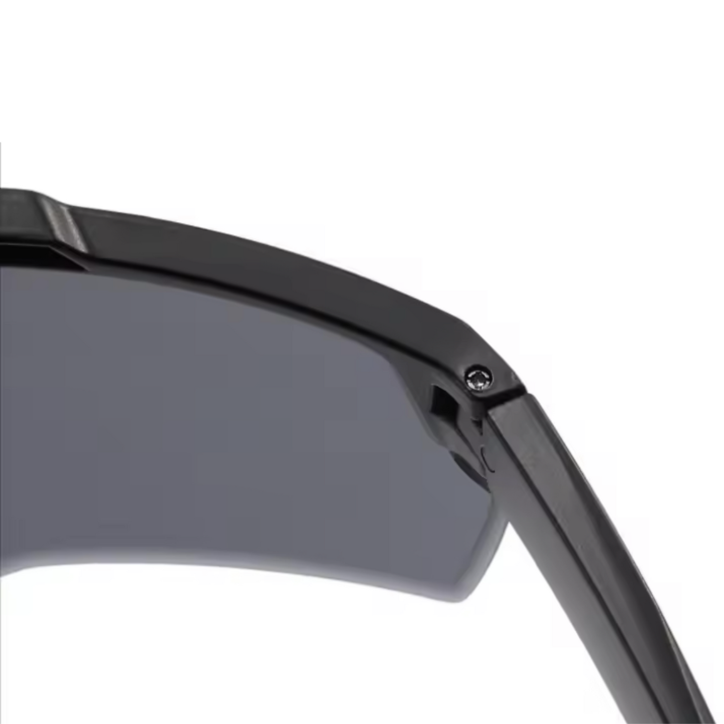 A pair of Sportiq Nimbus Flare performance sunglasses with red reflective lenses and black frame, UV400, polycarbonate frame with polycarbonate lens, displayed on a grass background.