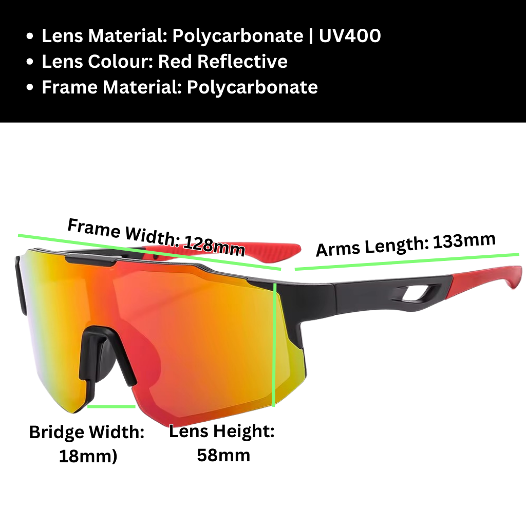 A pair of Sportiq Nimbus Flare performance sunglasses with red reflective lenses and black frame, UV400, polycarbonate frame with polycarbonate lens, displayed on a grass background.
