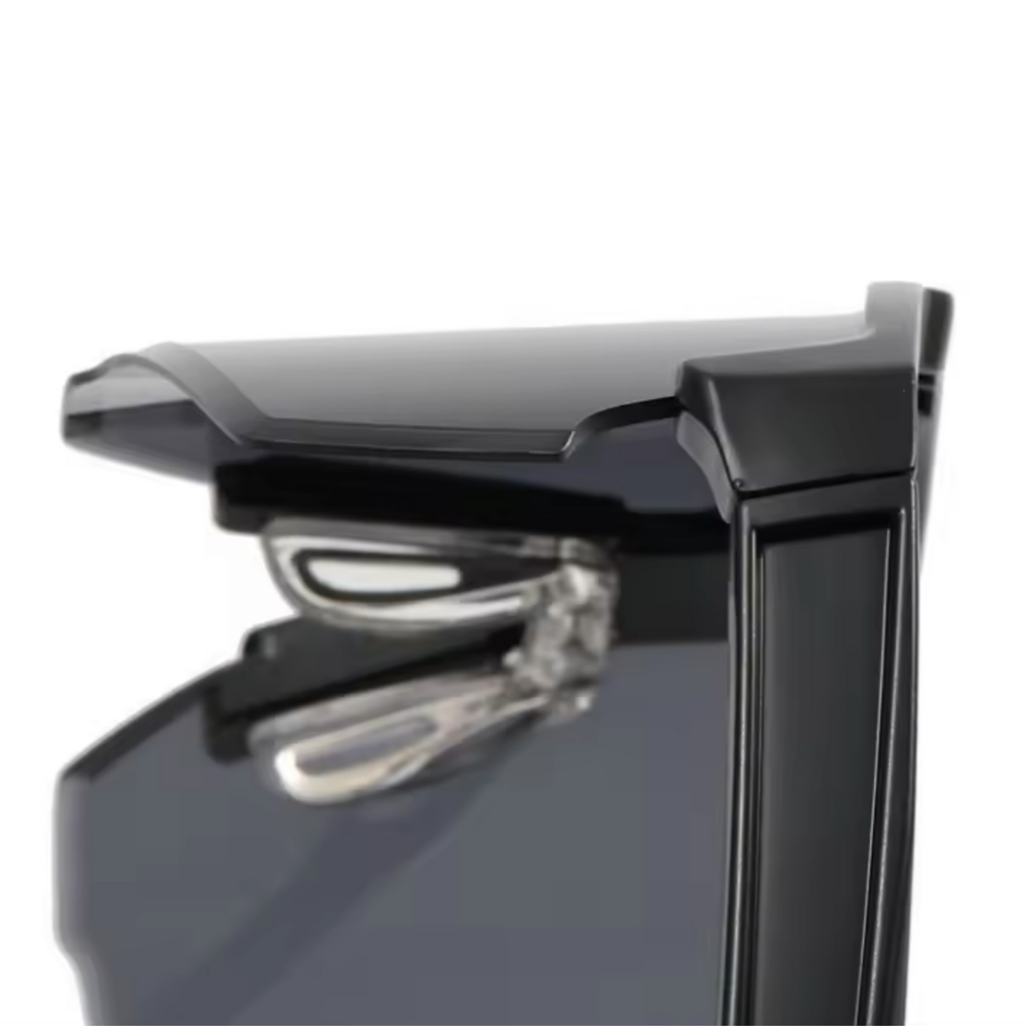 A pair of Sportiq Nimbus Onyx performance sunglasses with black lenses and black frame, UV400, polycarbonate frame with polycarbonate lens, displayed on a grass background.
