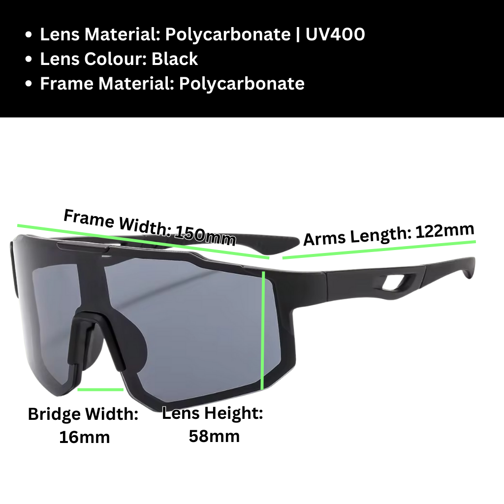 A pair of Sportiq Nimbus Onyx performance sunglasses with black lenses and black frame, UV400, polycarbonate frame with polycarbonate lens, displayed on a grass background.