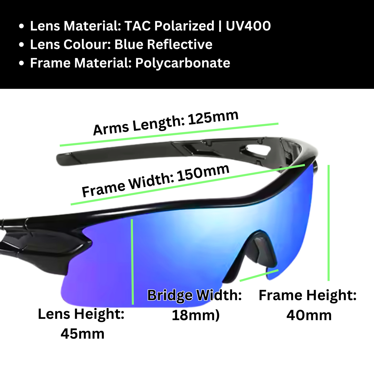 A pair of Sportiq OptiView - Sky Blue professional sport sunglasses with blue reflective lenses and black frame, polarized UV400, polycarbonate frame with TAC lens, displayed on a grass background.
