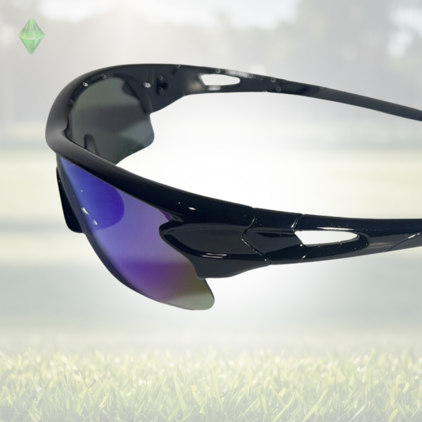 A pair of Sportiq OptiView - Sky Blue professional sport sunglasses with blue reflective lenses and black frame, polarized UV400, polycarbonate frame with TAC lens, displayed on a grass background.