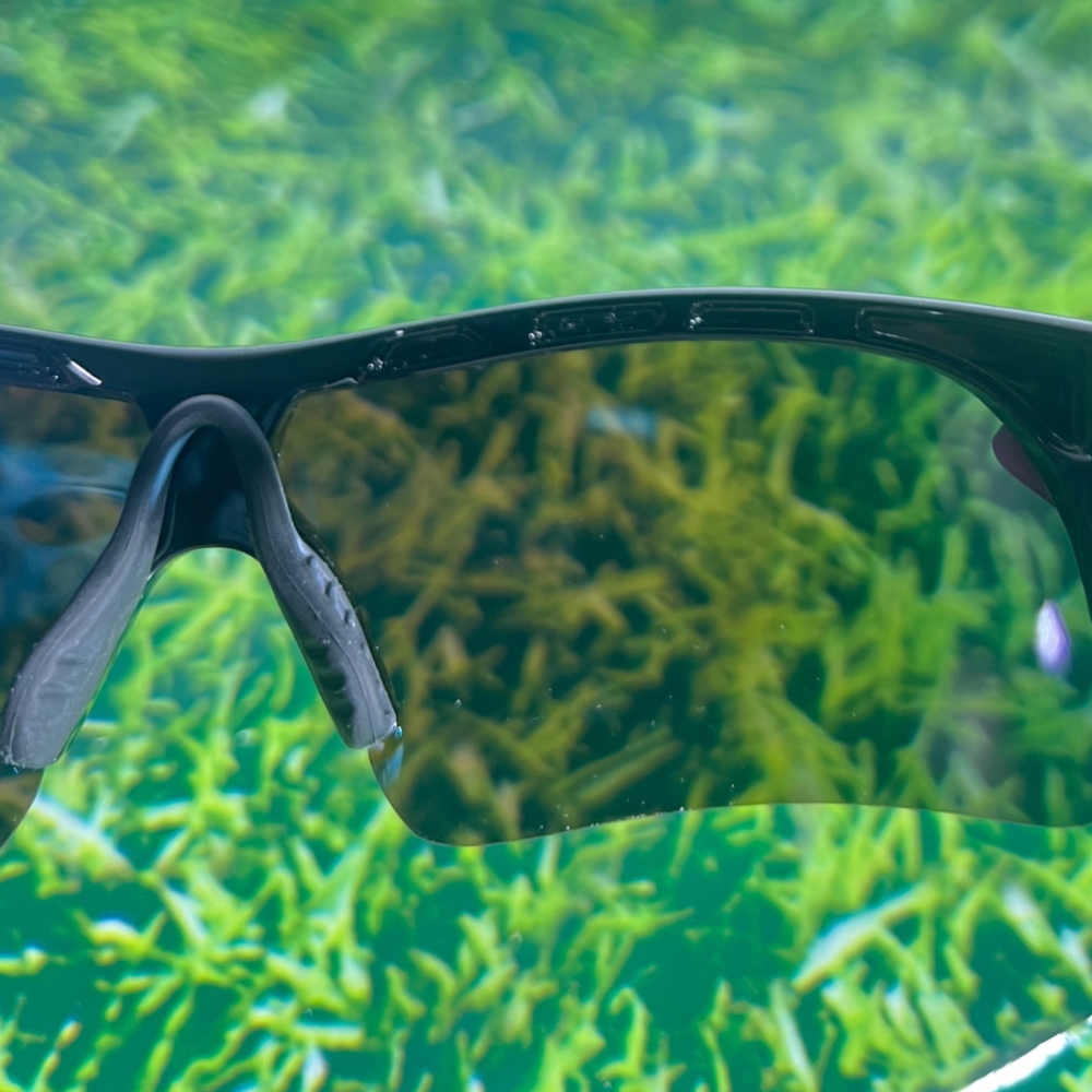 A pair of Sportiq OptiView - Sky Blue professional sport sunglasses with blue reflective lenses and black frame, polarized UV400, polycarbonate frame with TAC lens, displayed on a grass background.