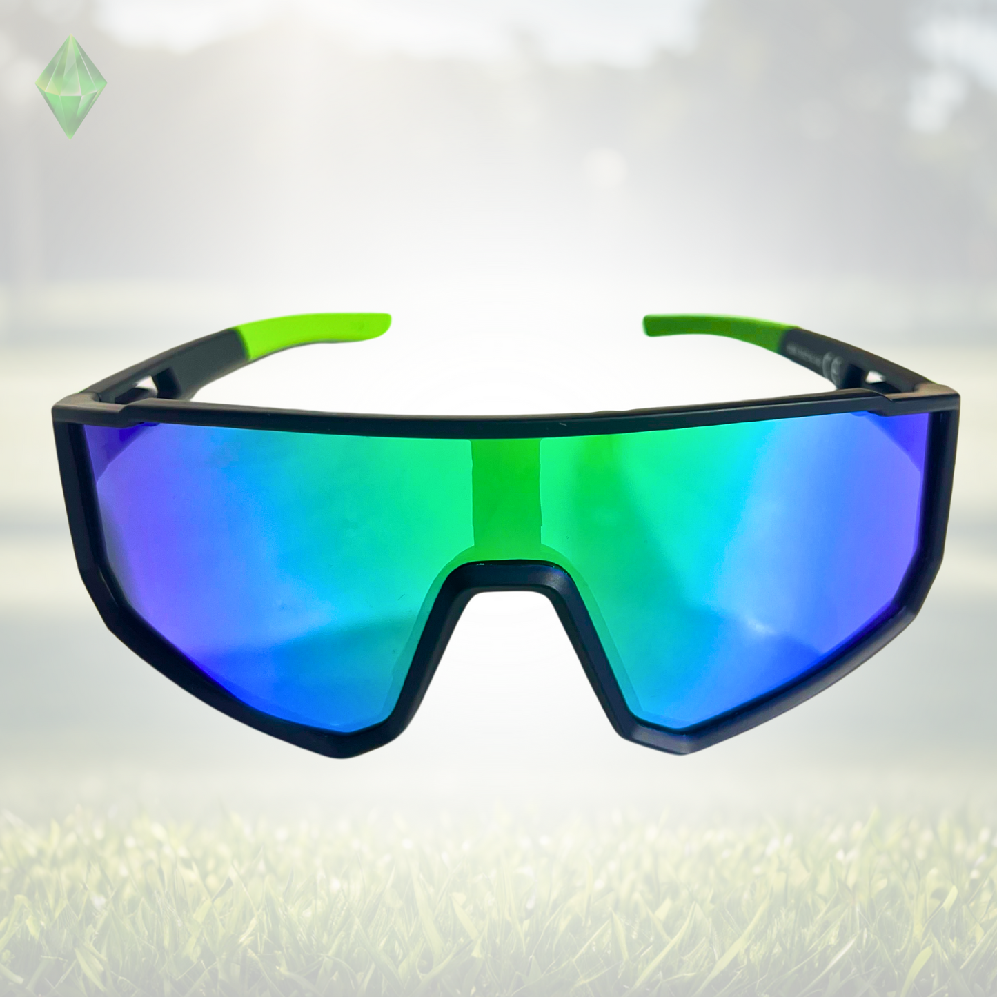 A pair of Sportiq VividShield sunglasses with green reflective lenses and a black frame, polarized UV400, polycarbonate frame with TAC lens, displayed on a grass background.