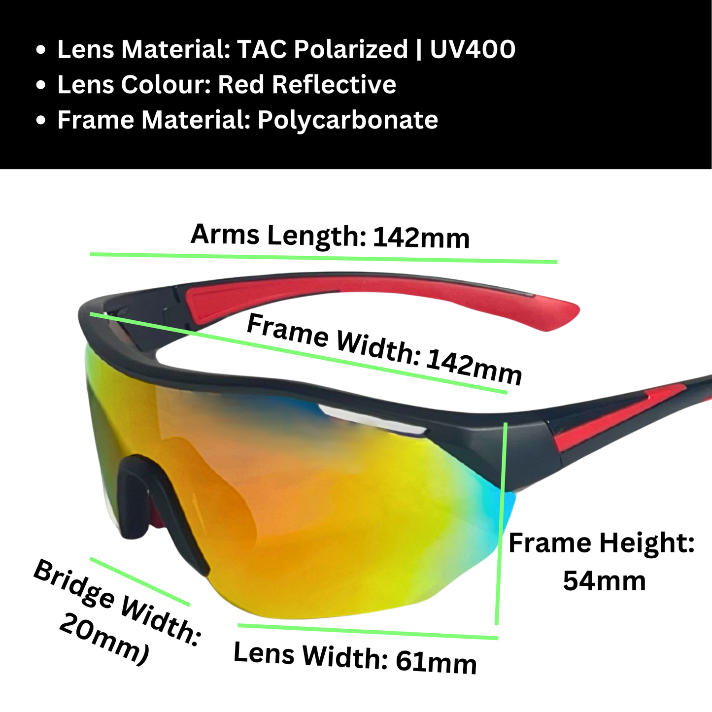 A pair of Sportiq ClarityX - Ruby professional sport sunglasses with red reflective lenses and black frame, polarized UV400, polycarbonate frame with TAC lens, displayed on a grass background.