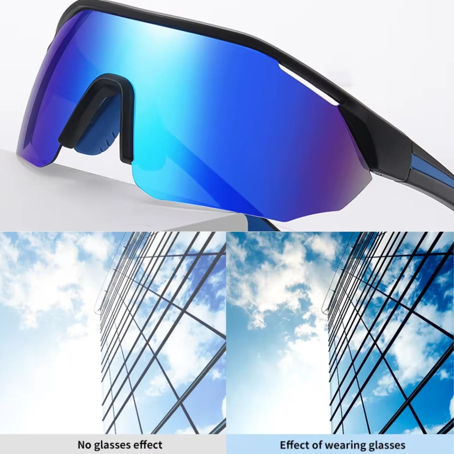 A pair of Sportiq ClarityX - Azure professional sport sunglasses with blue reflective lenses and black frame, polarized UV400, polycarbonate frame with TAC lens, displayed on a grass background.