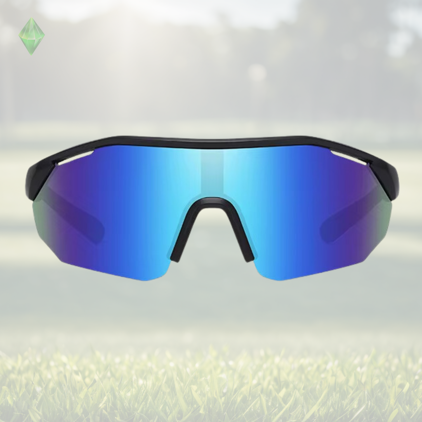 A pair of Sportiq ClarityX - Azure professional sport sunglasses with blue reflective lenses and black frame, polarized UV400, polycarbonate frame with TAC lens, displayed on a grass background.