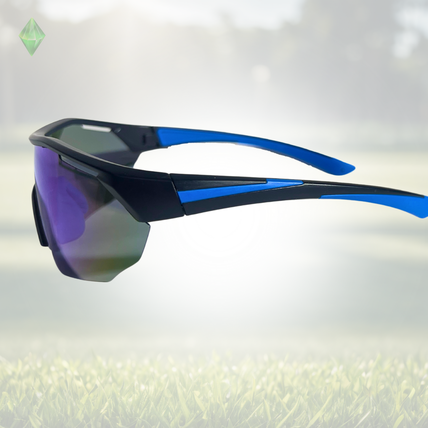 A pair of Sportiq ClarityX - Azure professional sport sunglasses with blue reflective lenses and black frame, polarized UV400, polycarbonate frame with TAC lens, displayed on a grass background.