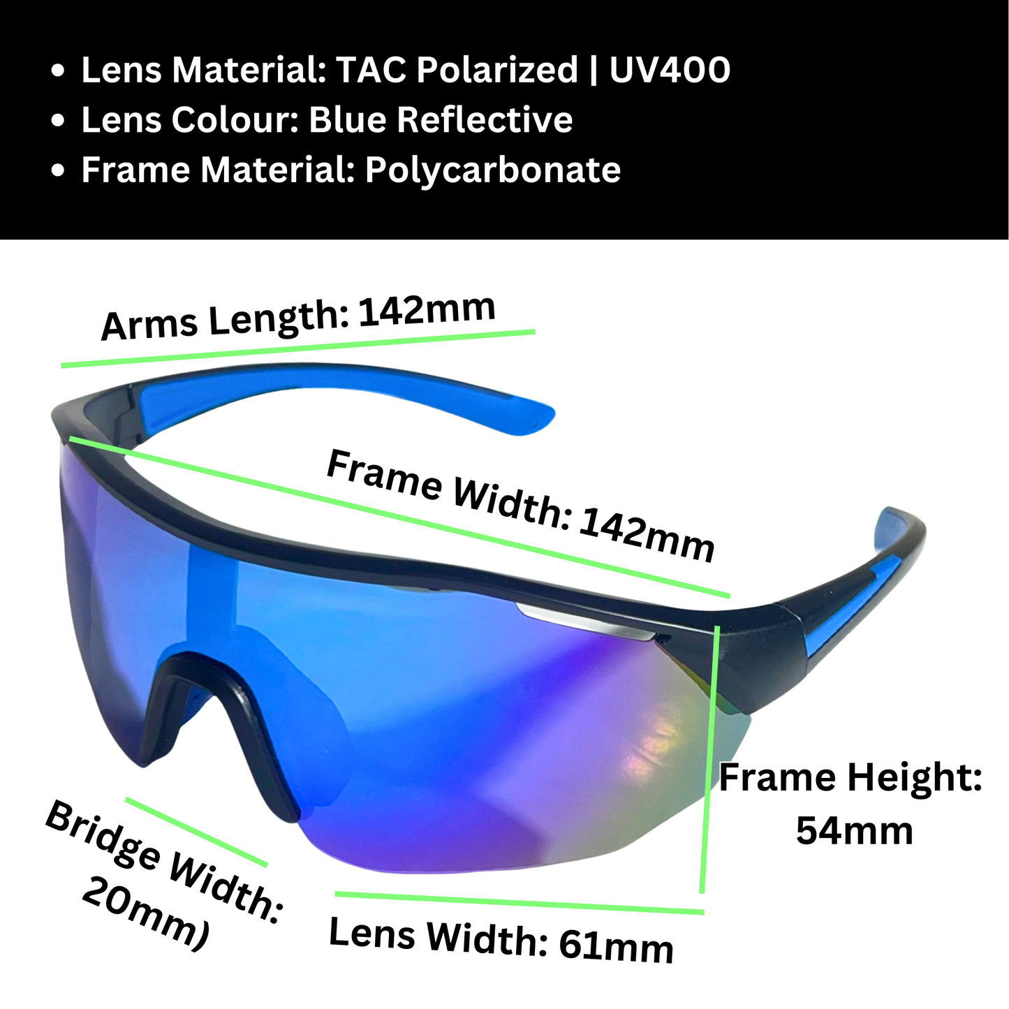 A pair of Sportiq ClarityX - Azure professional sport sunglasses with blue reflective lenses and black frame, polarized UV400, polycarbonate frame with TAC lens, displayed on a grass background.