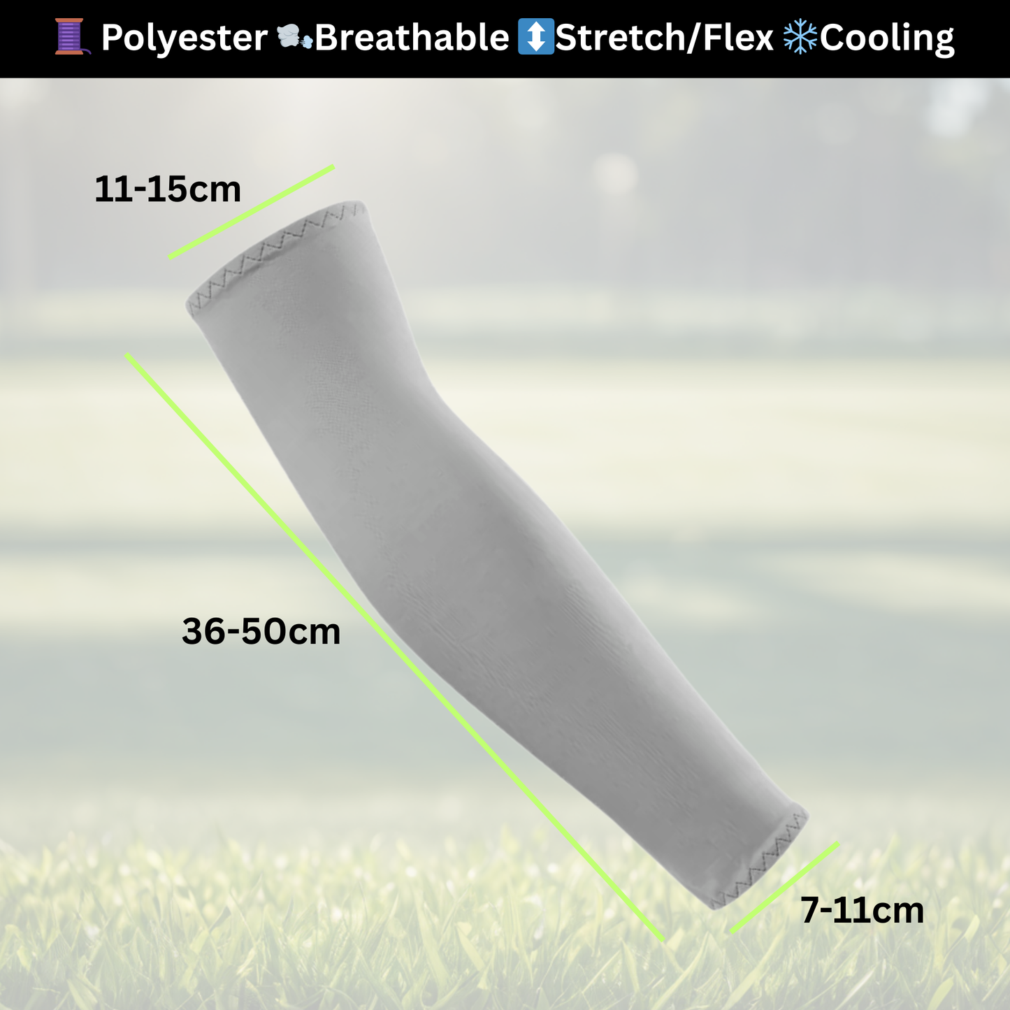 A pair of Sportiq Swift Sleeves, flexible and stretchy made of breathable polyester with a cooling and sun blocking affect, displayed on a grass background.