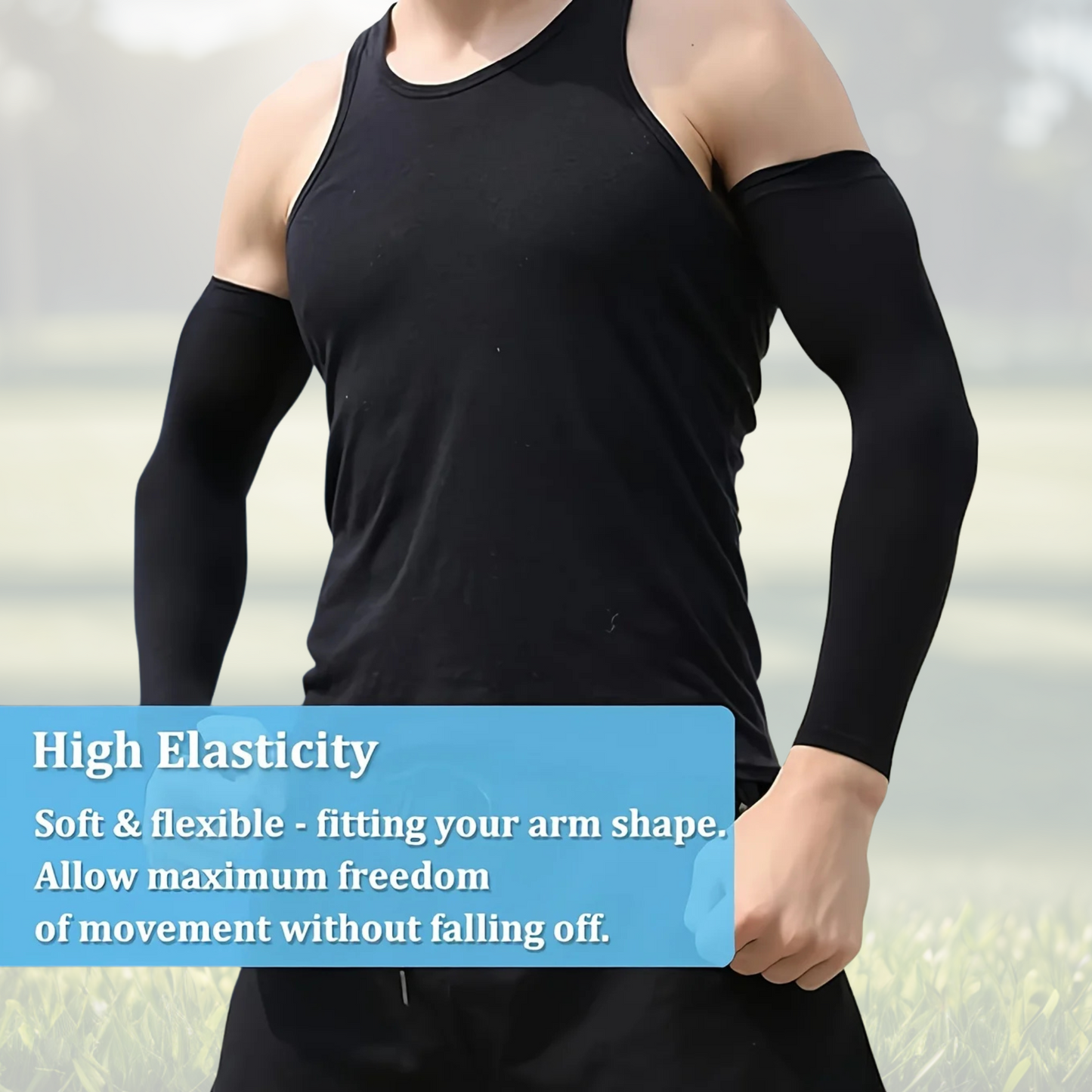 A pair of Sportiq Swift Sleeves in Stealthcore Black, flexible and stretchy made of breathable polyester with a cooling and sun blocking affect, displayed on a grass background.