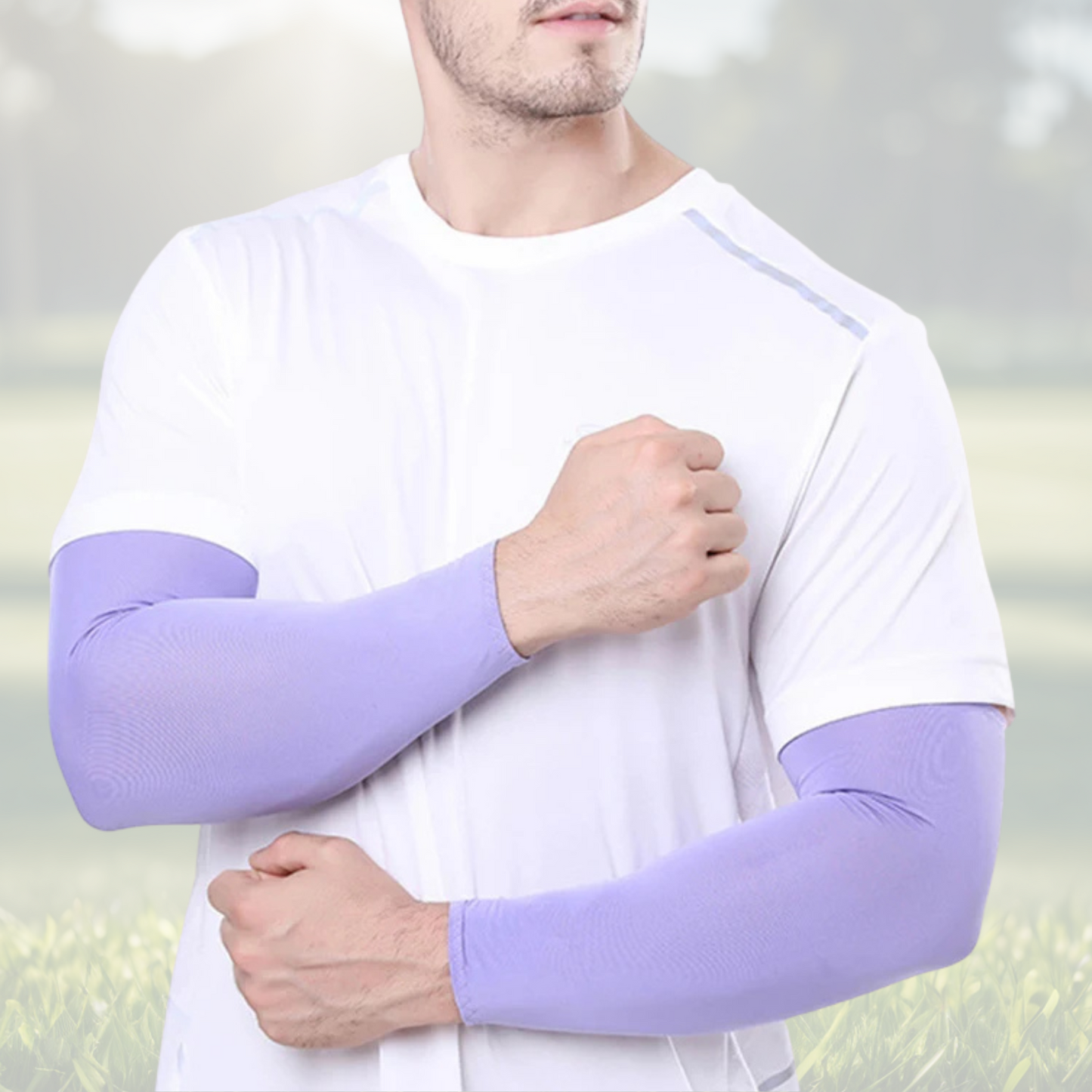 A pair of Sportiq Swift Sleeves in Violet Rush Purple, flexible and stretchy made of breathable polyester with a cooling and sun blocking affect, displayed on a grass background.